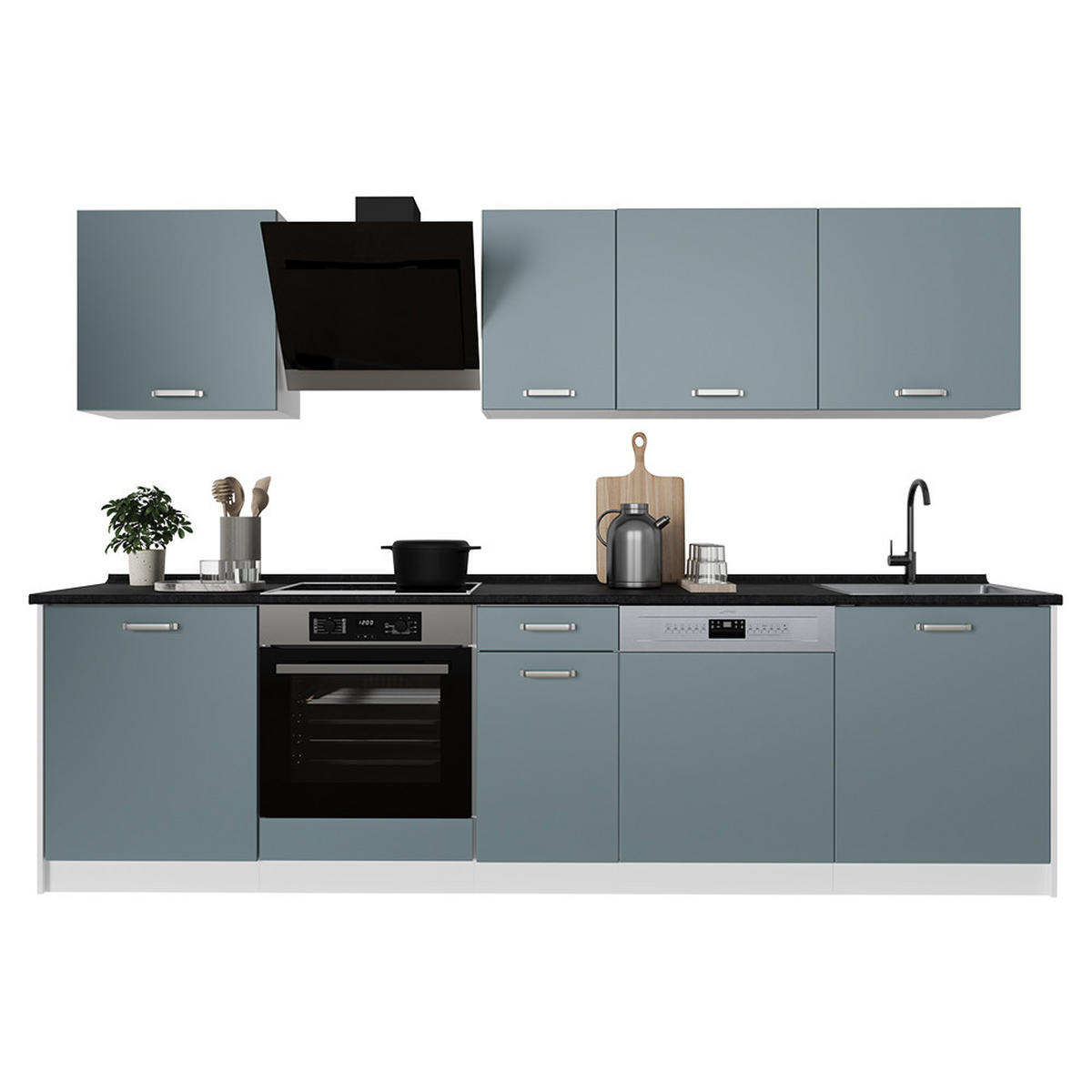 KÜCHENZEILE R-Line, Blau-Grau/Weiß, 280 cm Arbeitsplatte Anthrazit - Blaugrau/Weiß, Holzwerkstoff (280/206.8/60cm) - Vicco