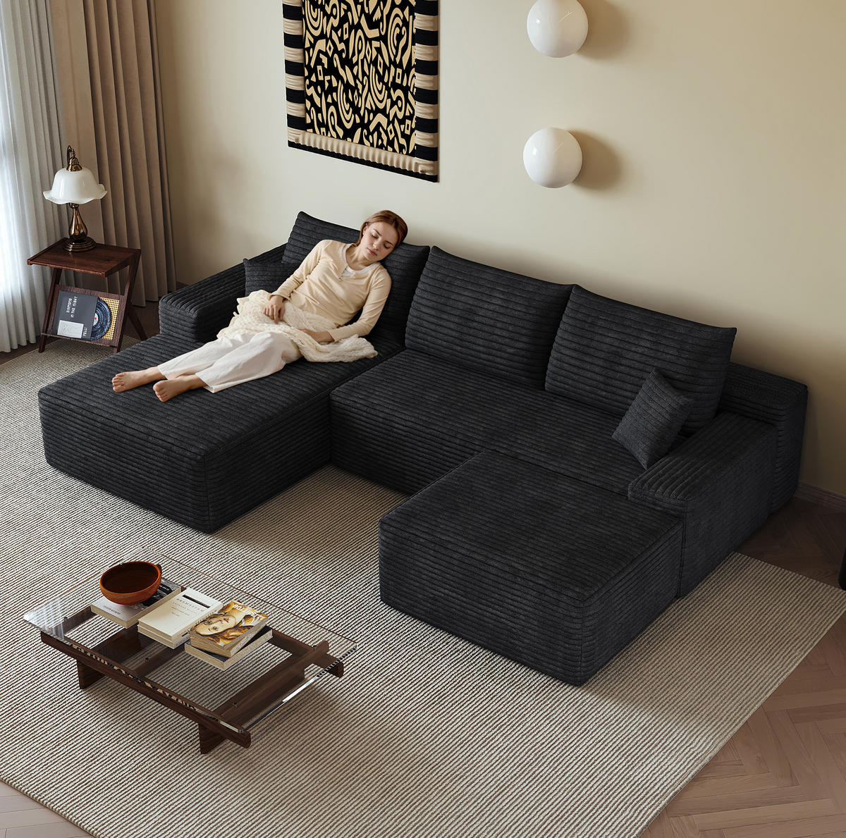 ECKSOFA modular mit Chaiselongue 270 cm Cord Schwarz - Schwarz, Kunststoff (175/83/270cm) - Meubliv