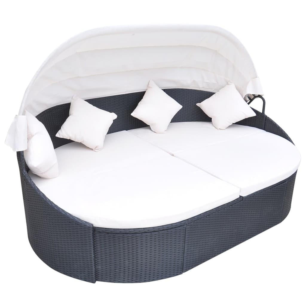OUTDOOR-LOUNGEBETT Mit Dach Poly Rattan Schwarz - Creme/Schwarz, Kunststoff/Textil (230/80/145cm) - vidaXL