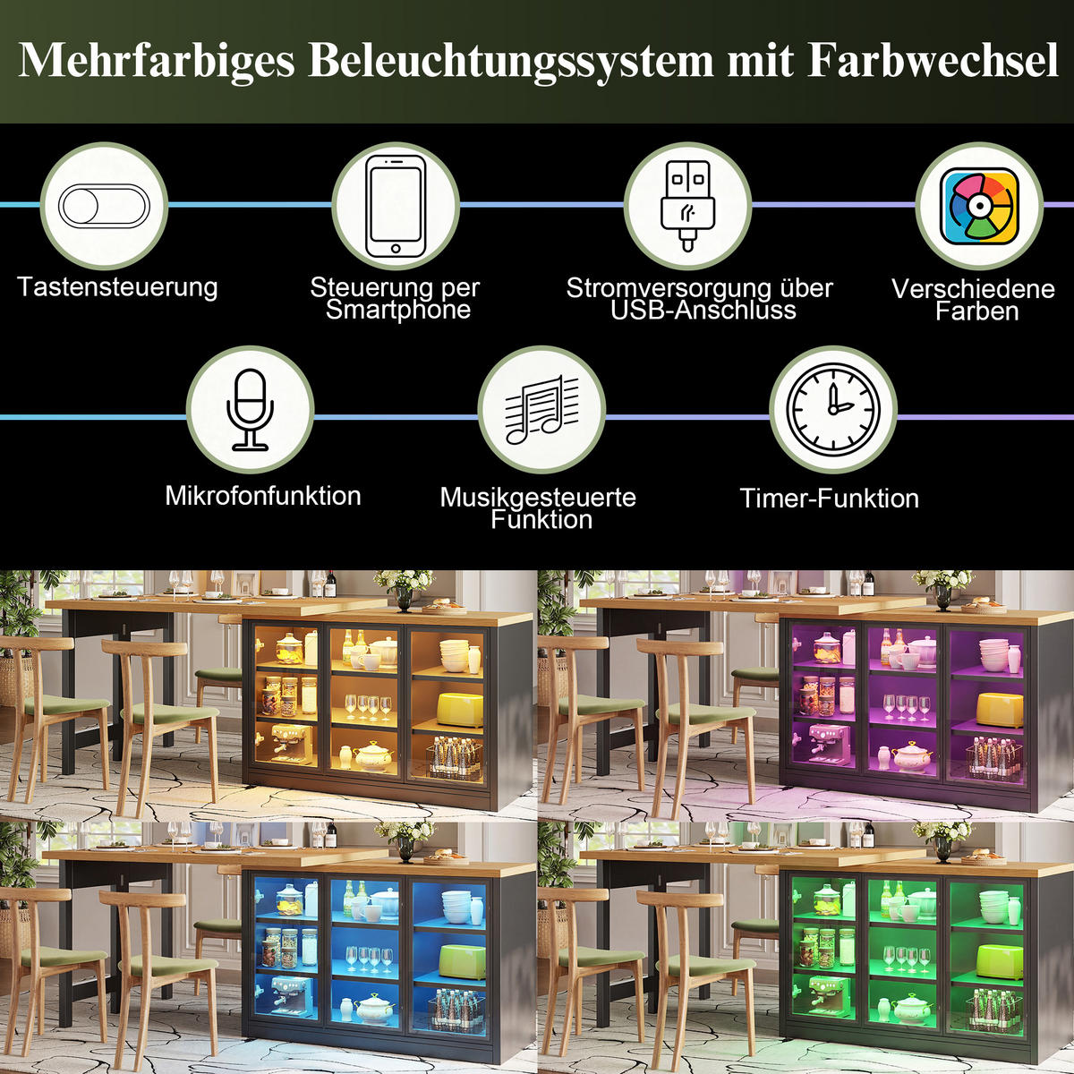 KÜCHENINSEL 360° Drehbar LED Stauraum Schwarz - Schwarz, Glas (120/72/40cm) - FLIEKS