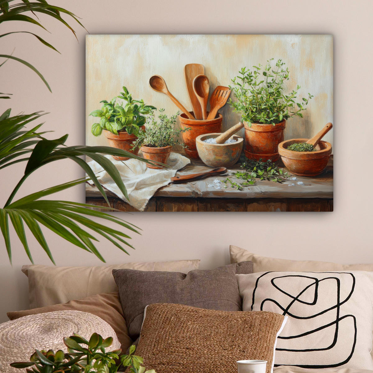 LEINWANDBILD Töpfe - Kräuter - Holz Wandbilder 80x60 cm - Terracotta, Textil (80/60cm) - MuchoWow