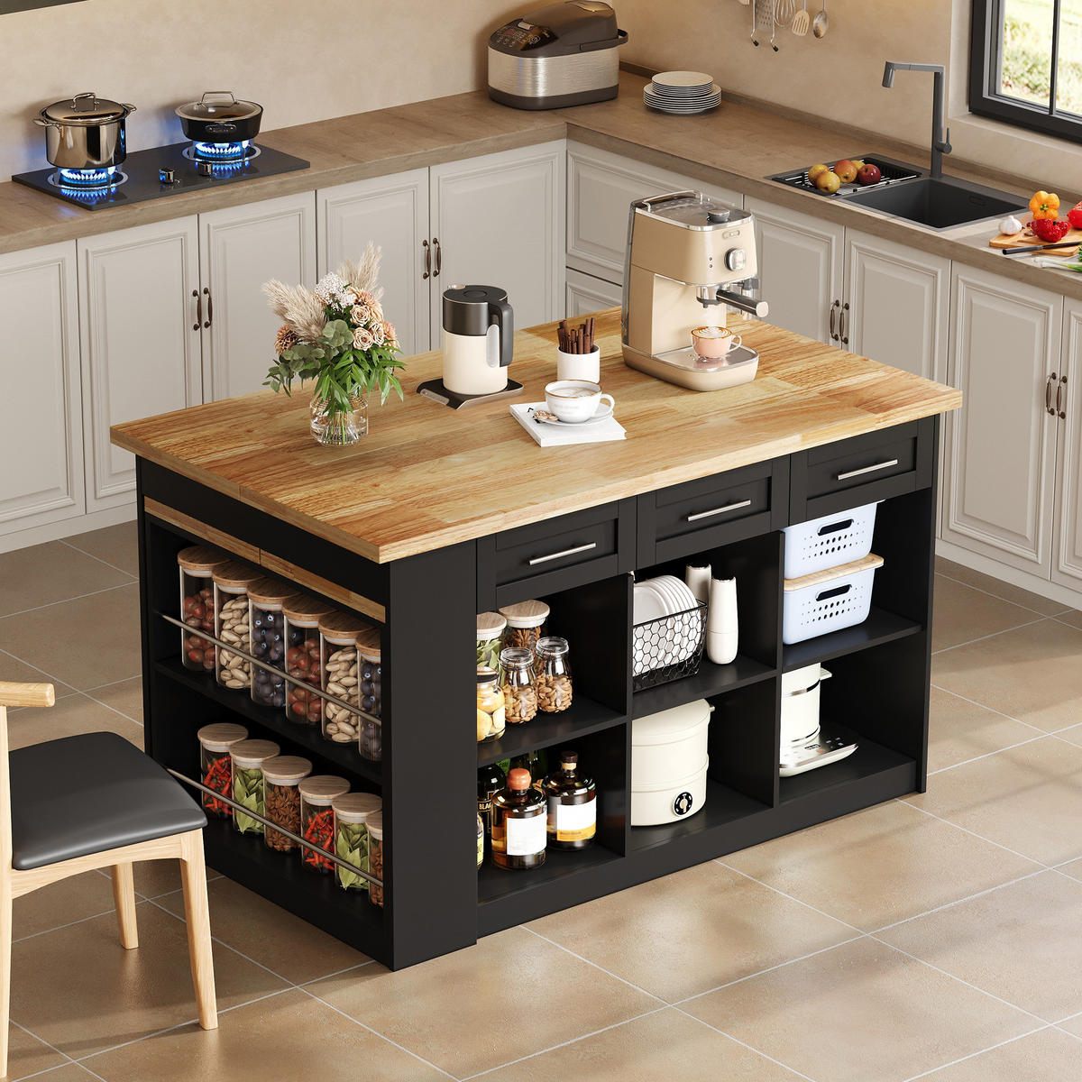 KÜCHENINSEL DE-41407 150/90/90 cm, ausziehbarer Esstisch Schwarz/Natur - Schwarz/Naturfarben, Holzwerkstoff (150/90/90cm) - ComfortXL