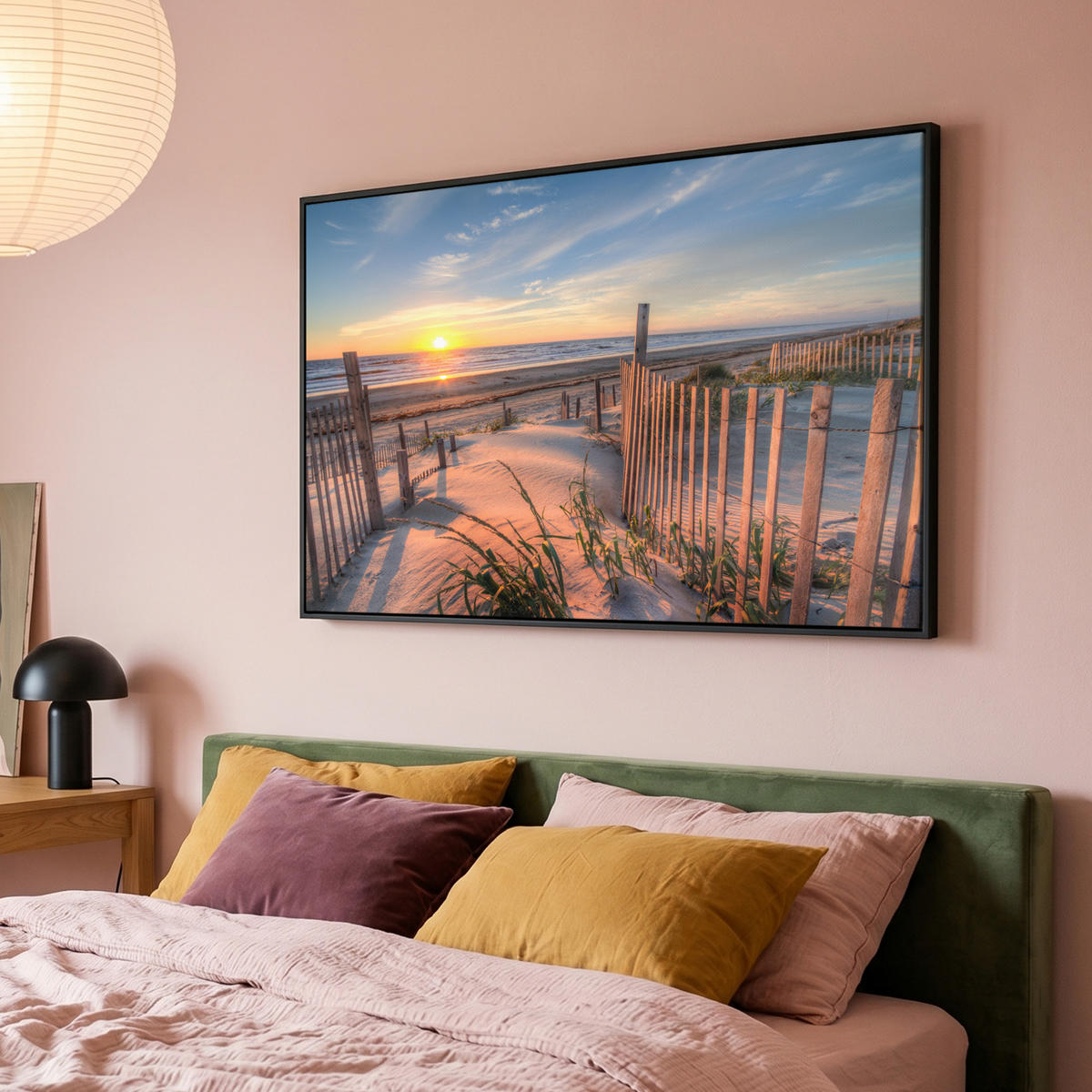 LEINWAND Bilder mit Rahmen - Strand - Meer - Düne - Sonnenuntergang - Landschaft - 120x80 - Beige, Textil (120/80cm) - MuchoWow