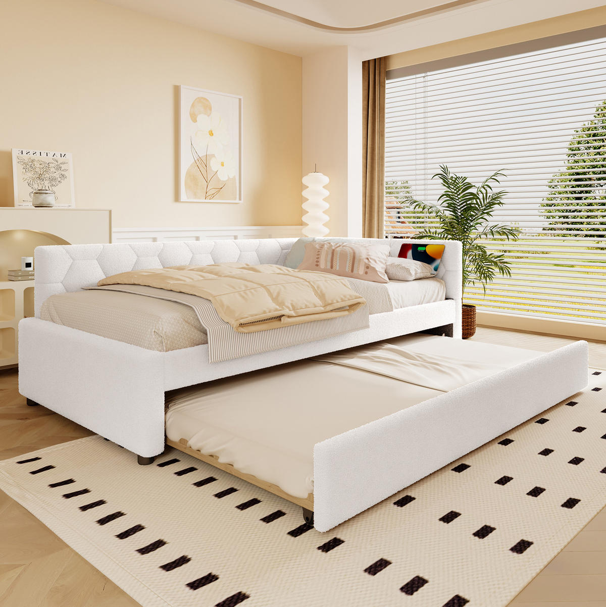 TAGESBETT 90/200 cm mit Ausziehbett, USB- und Typ-C-Anschluss, Nachttischlampe und Lattenrost, Vliesimitat, Weiß - Weiß, Textil (90/200cm) - Redom