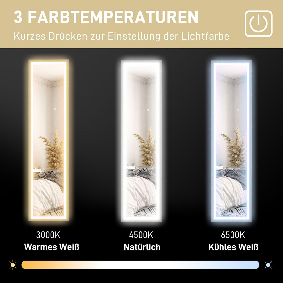 GANZKÖRPERSPIEGEL 40 x 160 cm Standspiegel mit LED-Lichte, 3 Lichtfarben, Grau - Grau, Glas (5/160/40cm) - HOMCOM
