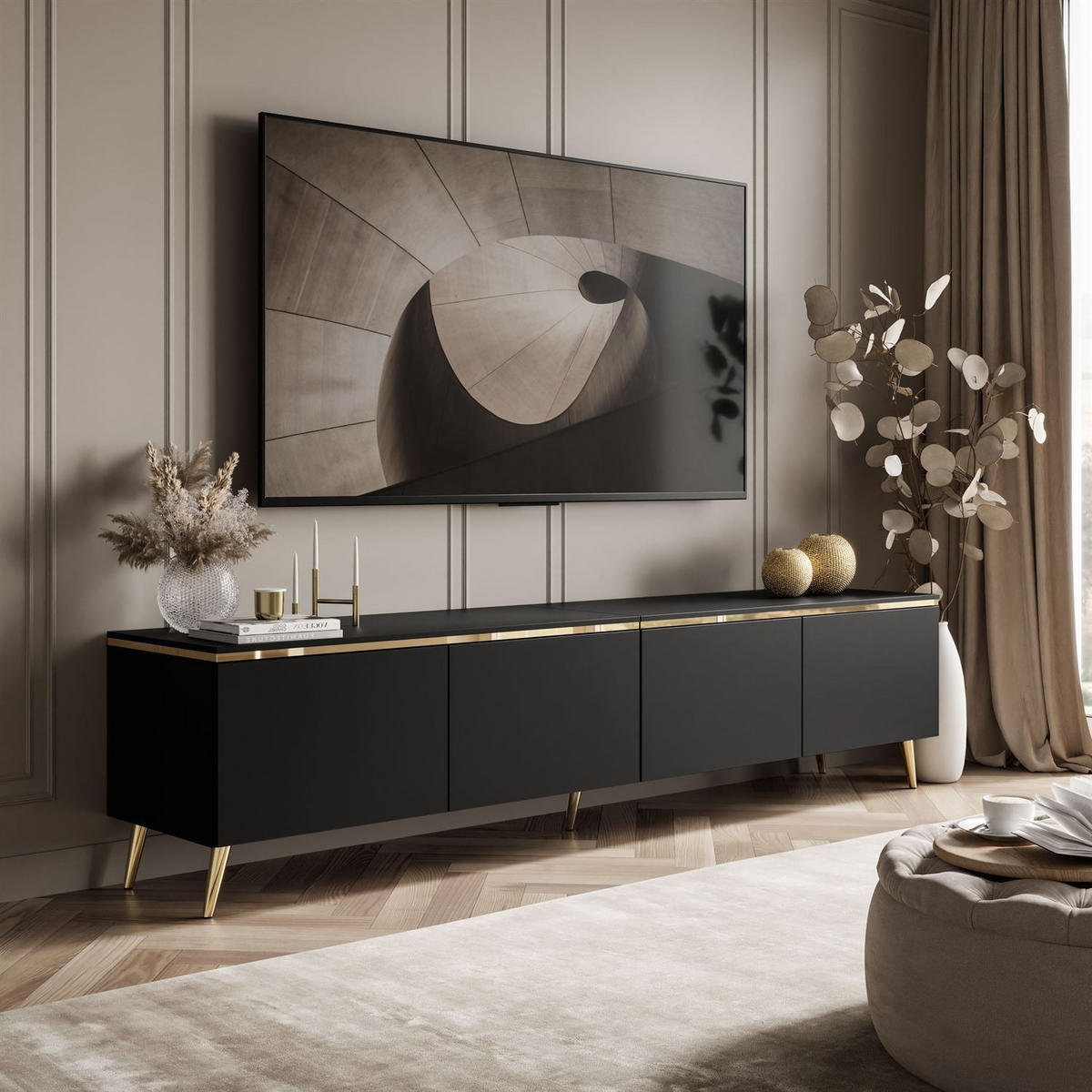 TV-SCHRANK CELINE 200 cm schwarz matt auf schräge goldenen Füßen - Schwarz, Holzwerkstoff (200/49/40cm) - Lookway