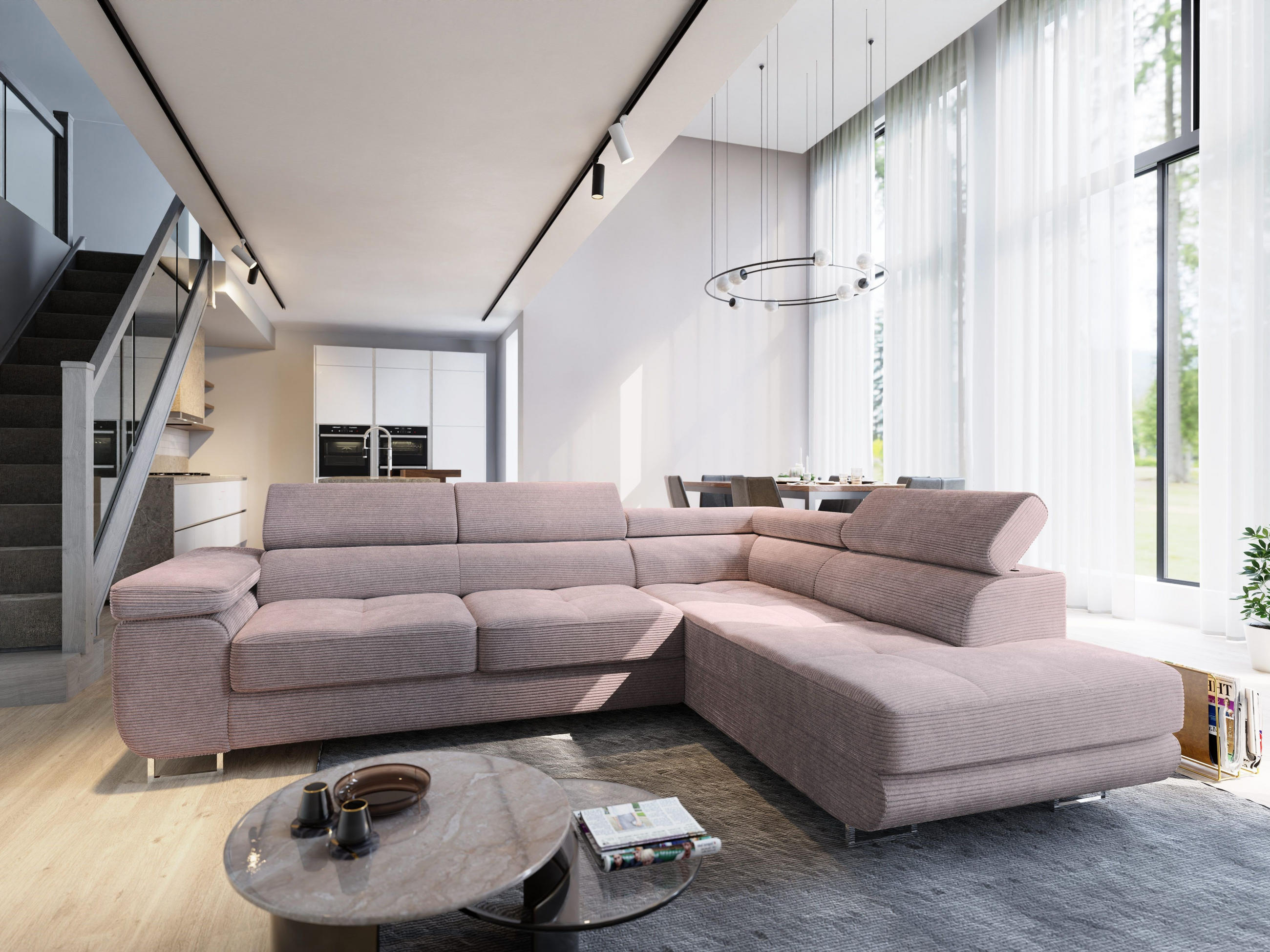 ECKSOFA APIRO R-S Lila Kordstoff mit Schlaffunktion - Lila, Holz (276/202cm) - MASSENO