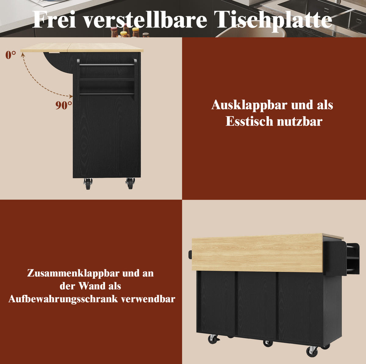 KÜCHENWAGEN 110x74x90.5cm Schwarz mit Schränken & fixierbaren Rollen - Schwarz, Holzwerkstoff (110/90.5/74cm) - Modfu