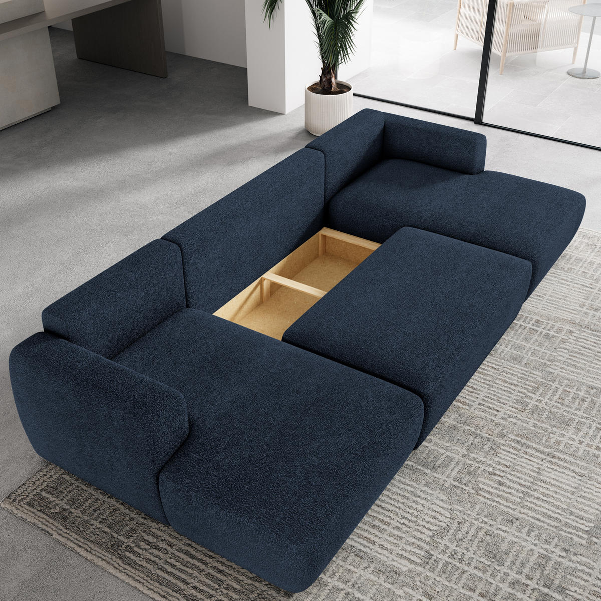 WOHNLANDSCHAFT SENTUM N Blau Boucle-Stoff mit Schlaffunktion - Blau, Holz (330/90/148cm) - MASSENO
