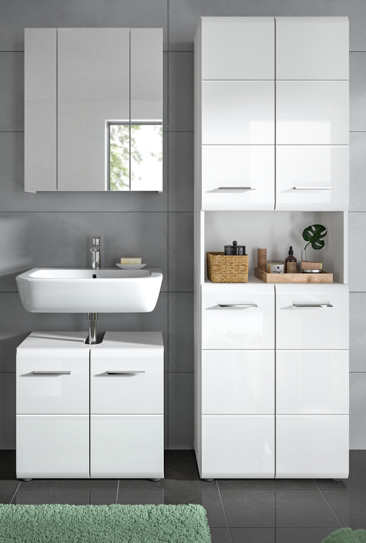 BADMÖBEL-SET 3-teilig weiß Hochglanz, Badkombination 135 cm mit viel Stauraum - Weiß Hochglanz/Silberfarben, Glas/Holzwerkstoff (135/185/30cm) - Inn.Furn