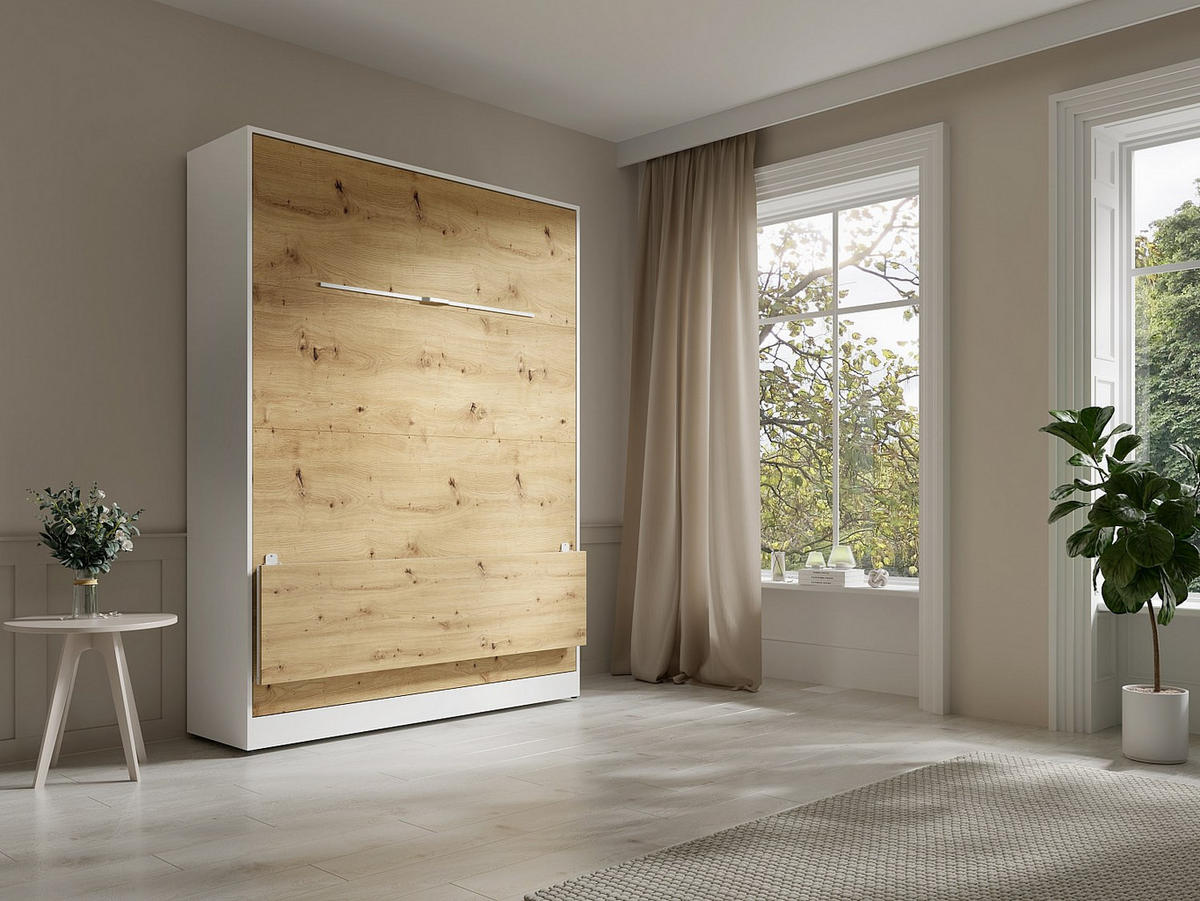 SCHRANKBETT - 2 Personen - holz - naturfarben hell, weiß Rapili - Weiß, Holz/Metall (140/200cm) - Vente-Unique