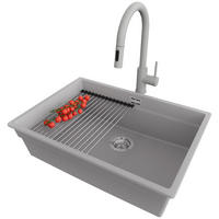 GRANITSPÜLE Praga Slim, 2-er set Grau 66/47 cm 1 Becken + Küchenarmatur 40/20 cm + Ablauf-Set + Aufrollbare Abtropffläche ab 70er Unterschrank - Chromfarben/Grau, Kunststoff (66/20/47cm) - Primagran