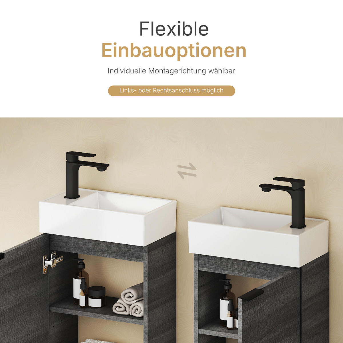 WASCHTISCHKOMBI 41,7 cm Holzdekor Grau mit Keramik-Waschbecken - Graubraun/Schwarz, Holz/Holzwerkstoff (41.7/64.6/24cm) - EMKE