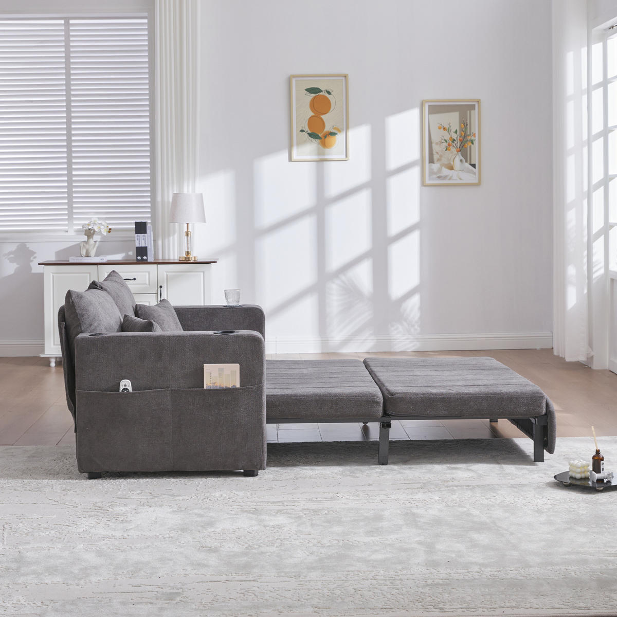 SCHLAFSOFA aus Chenille 139x83x58 cm Grau ausziehbar mit Armlehnentaschen, Kissen und hohem Sitzkomfort - Grau, Textil (73/83/139cm) - Modfu
