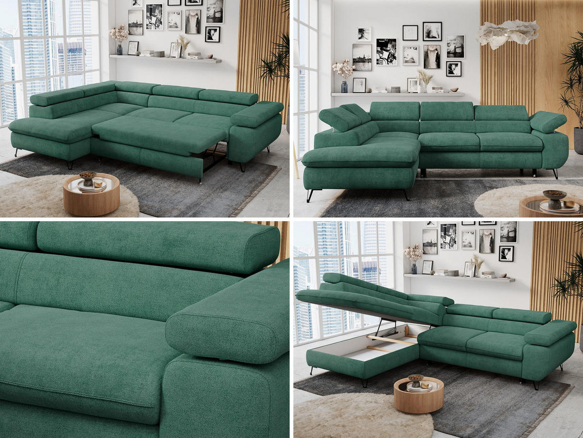 ECKSOFA PETER L Grün Struktur - Links Seite - Schwarz/Grün, Textil/Metall (208/273cm) - MKS