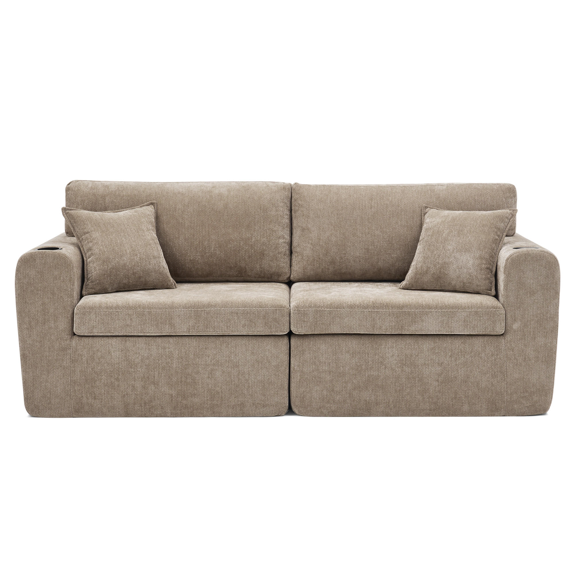 2-SITZER SOFA Chenille Braun mit USB, Getränkehalter, Tasche und Kissen - Braun, Textil (220/89/100cm) - WISHDOR