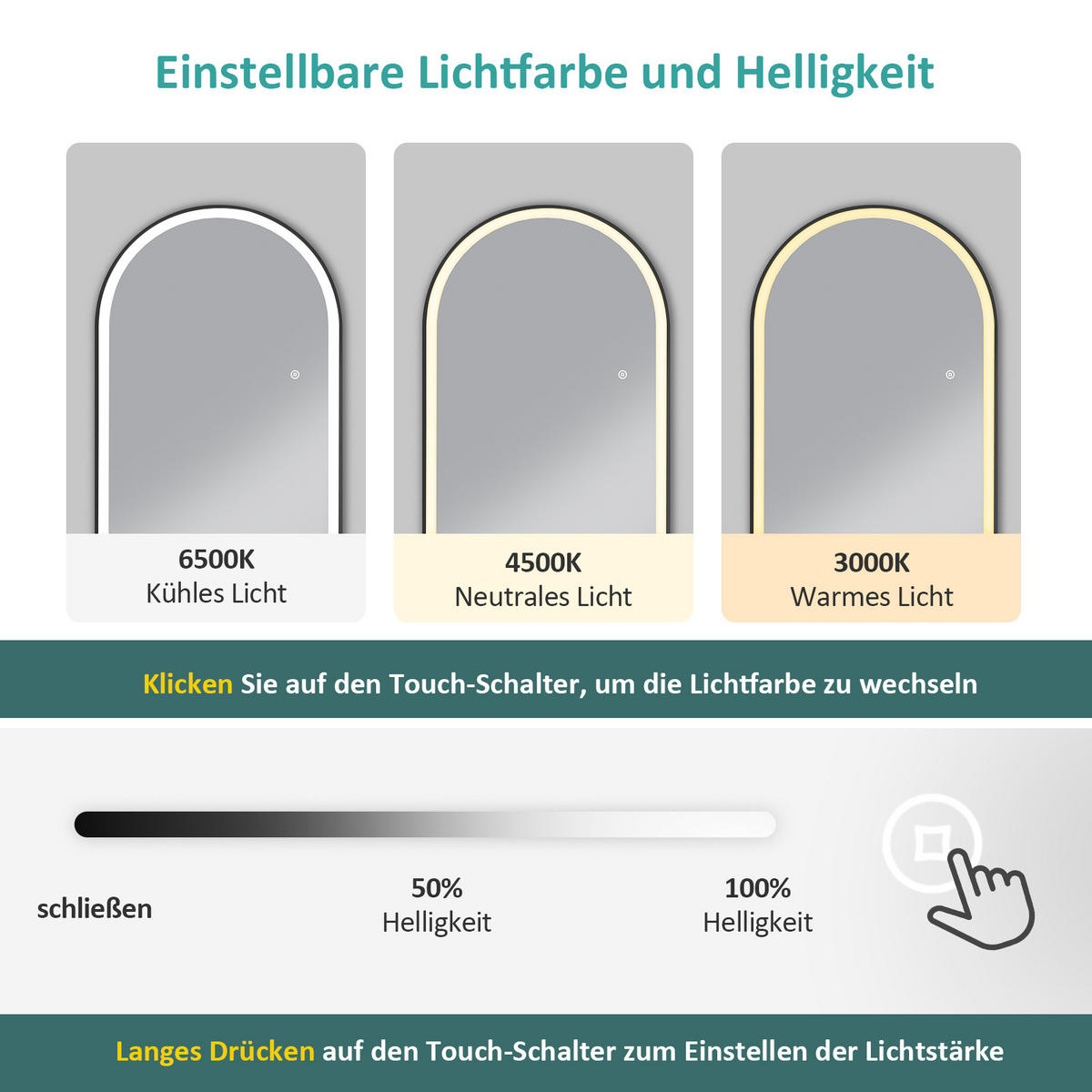 STANDSPIEGEL mit Beleuchtung und Rahmen Schwarz 160/60 cm - Schwarz, Glas/Metall (60/160/160cm) - EMKE