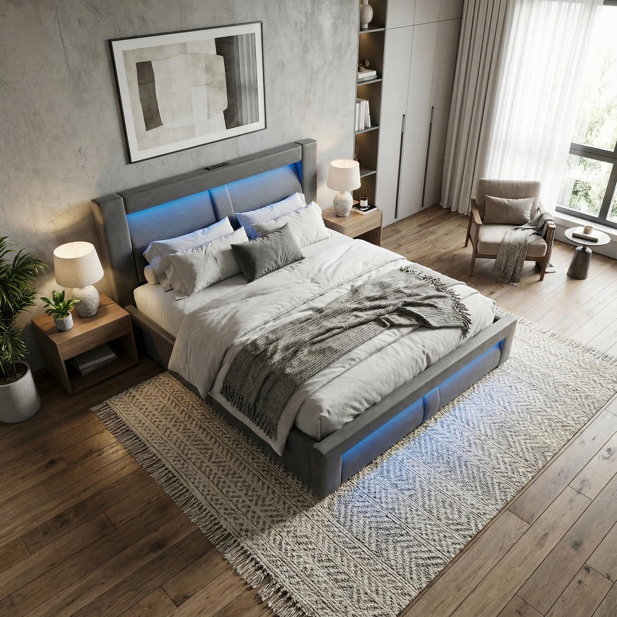 POSTEL 180x200 cm, šedý samet - šedá, textil (180/200cm) - Urban Meuble