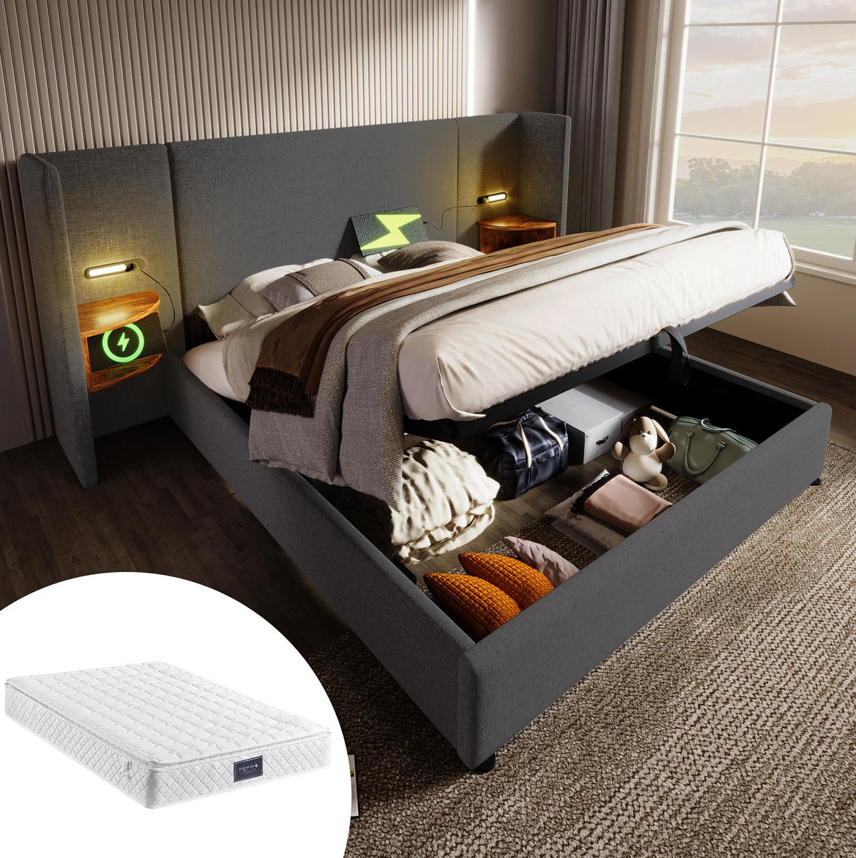 POLSTERBETT 160/200 cm Grau aus Leinen mit Stauraum, Leselampe und USB-Anschluss - Grau, Textil (160/200cm) - OKMYHOME