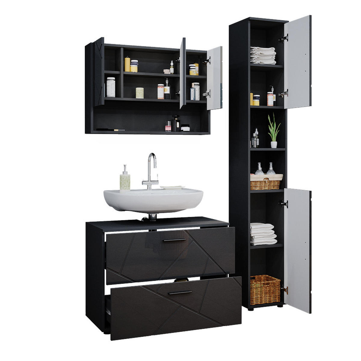 BADMÖBEL-SET Irma Anthrazit Hochglanz 3 Teile mit Spiegelschrank 80 cm - Anthrazit, Holzwerkstoff (80/58.6/41cm) - Vicco