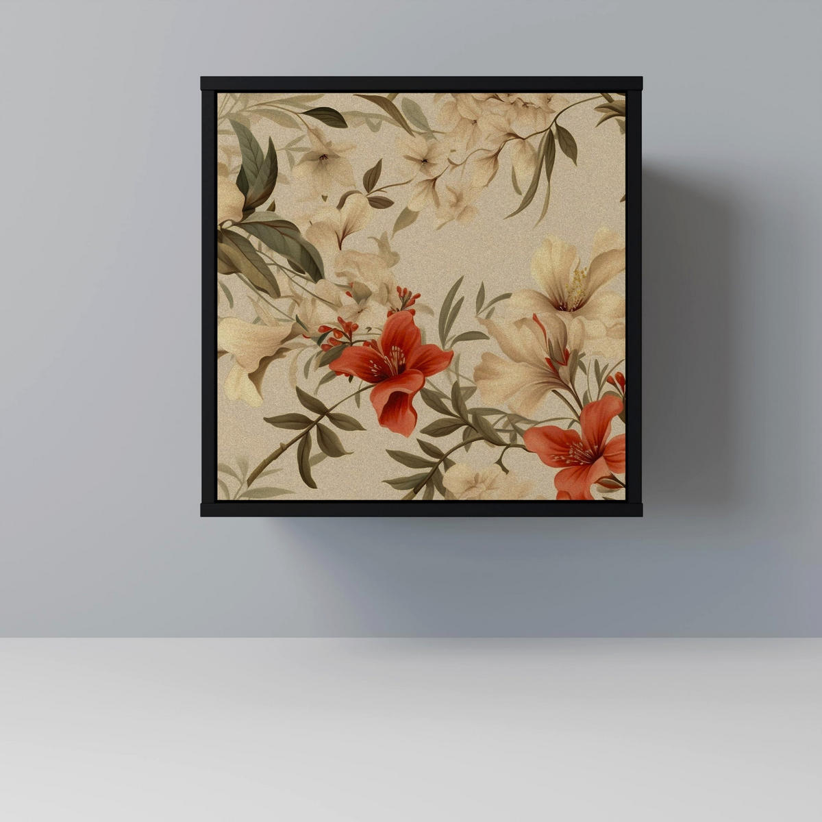 SIDEBOARD BLOOMING HARMONY, Schwarz, 57,5x42x75,5 cm, Goldfarbene Metallfüße - Goldfarben/Multicolor, Holzwerkstoff/Metall (57.5/75.5/42cm) - SpaceRebels