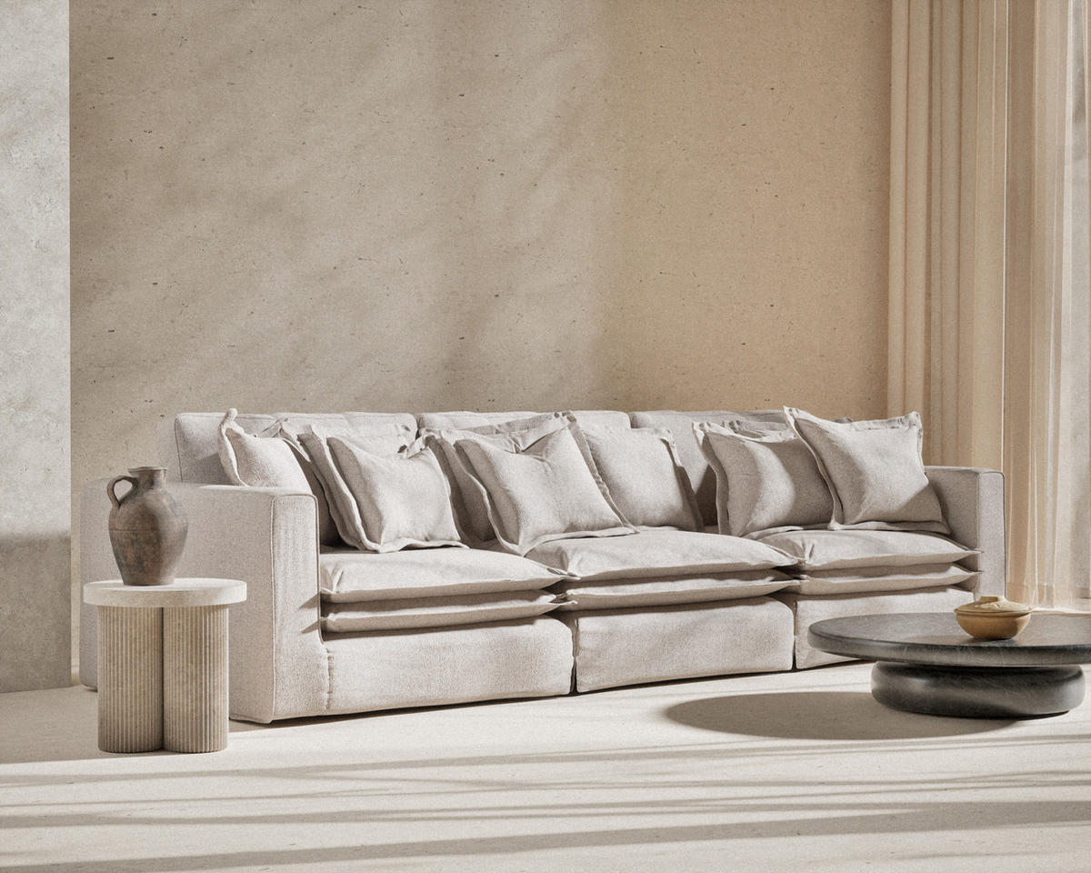 6-SITZER SOFA Amalfi Beige Webstoff - Beige/Schwarz, Holz/Holzwerkstoff (338/90/119cm) - Maison de Reve