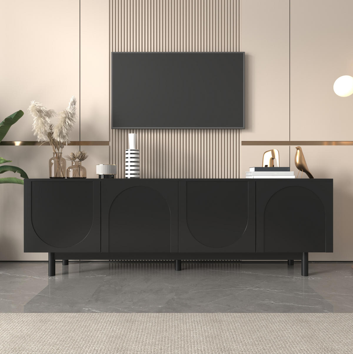 TV-SCHRANK mit 4 Türen 175 x 38 x 56 cm MDF Schwarz - Schwarz, Holzwerkstoff (38/56/175cm) - Beauniv