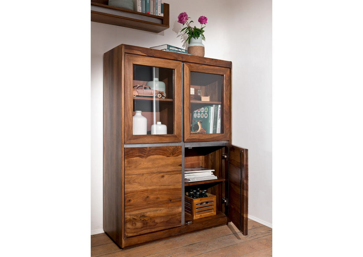 VITRINE Sheesham 102x40x147 noble unique lackiert SYDNEY #100 - Braun, Holz (102/147/40cm) - Massivmoebel24
