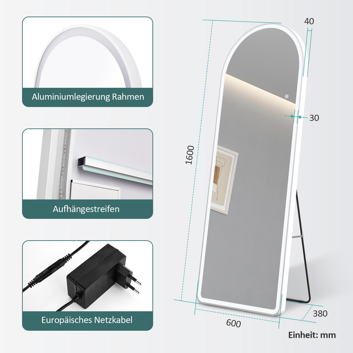 STANDSPIEGEL mit Beleuchtung und Rahmen weiß 160/60 cm - Weiß, Glas/Metall (60/160/160cm) - EMKE