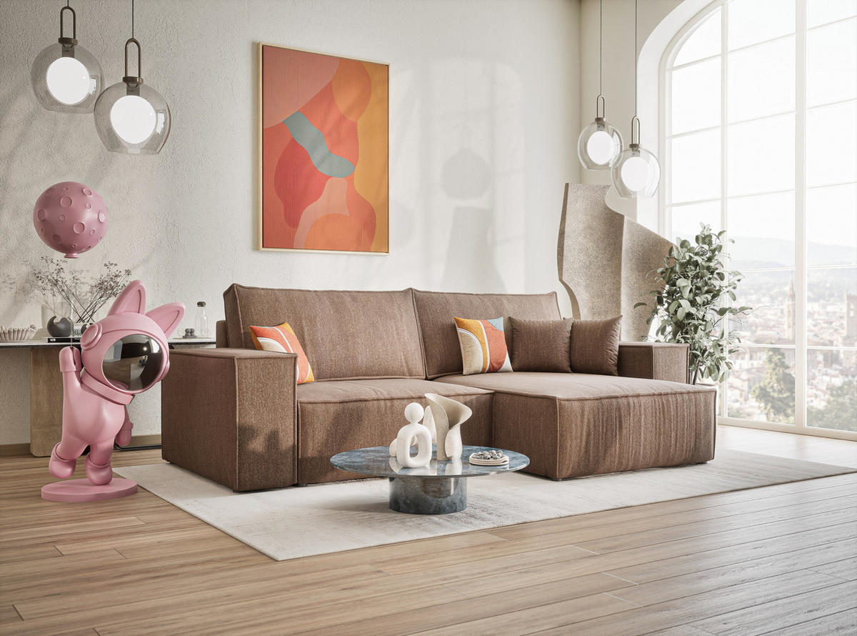 ECKSOFA MIT SCHLAFFUNKTION Zaya Hellbraun Webstoff - Hellbraun/Schwarz, Holz/Holzwerkstoff (255/148cm) - Maison de Reve