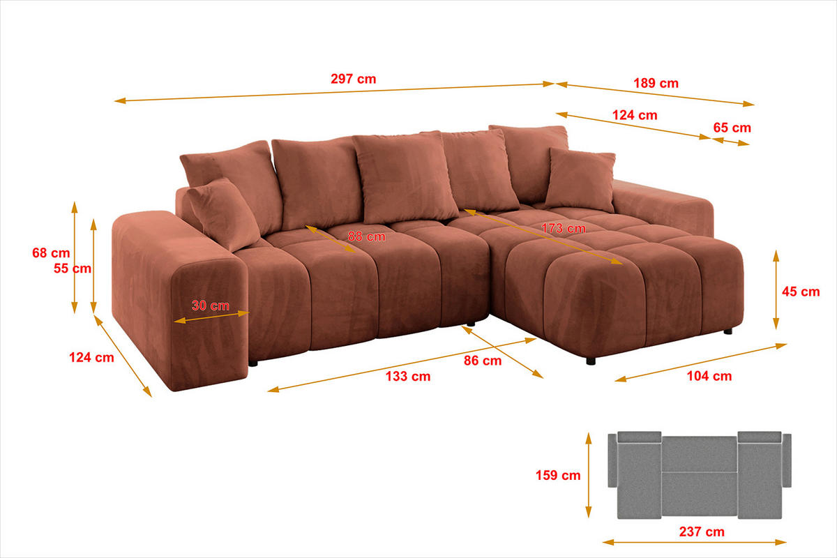 ECKSOFA Ottomane rechts ENIL-L 297x189x68 Koralle Velours - Koralle, Holzwerkstoff/Kunststoff (189/297cm) - ALTDECOR