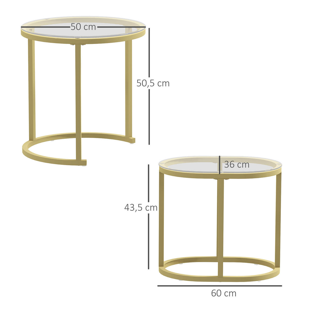 COUCHTISCH Ø50/60/36 cm Gold aus Stahl und Hartglas stapelbar - Goldfarben, Metall (50/50/50.5cm) - OKMYHOME