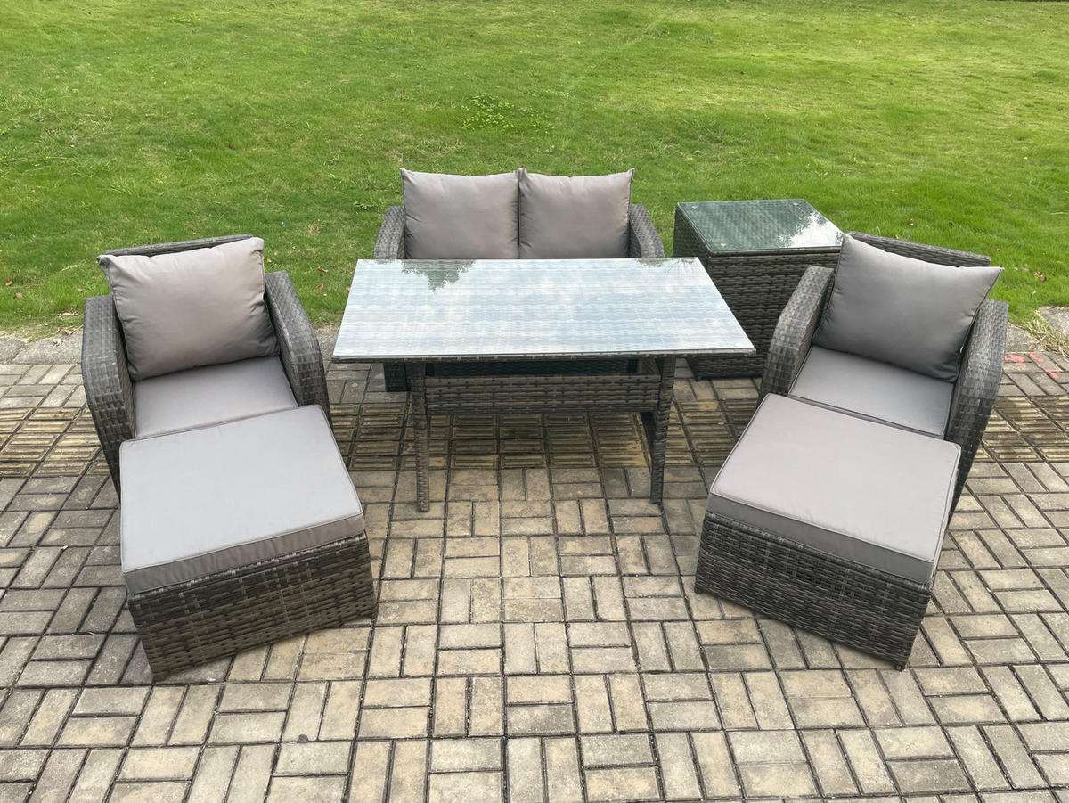GARTENMÖBEL SET mit Hocker,Beistelltisch,Zweisitzer Polyrattan 6-Sitzer - Dunkelgrau/Grau, Glas/Kunststoff - Fimous
