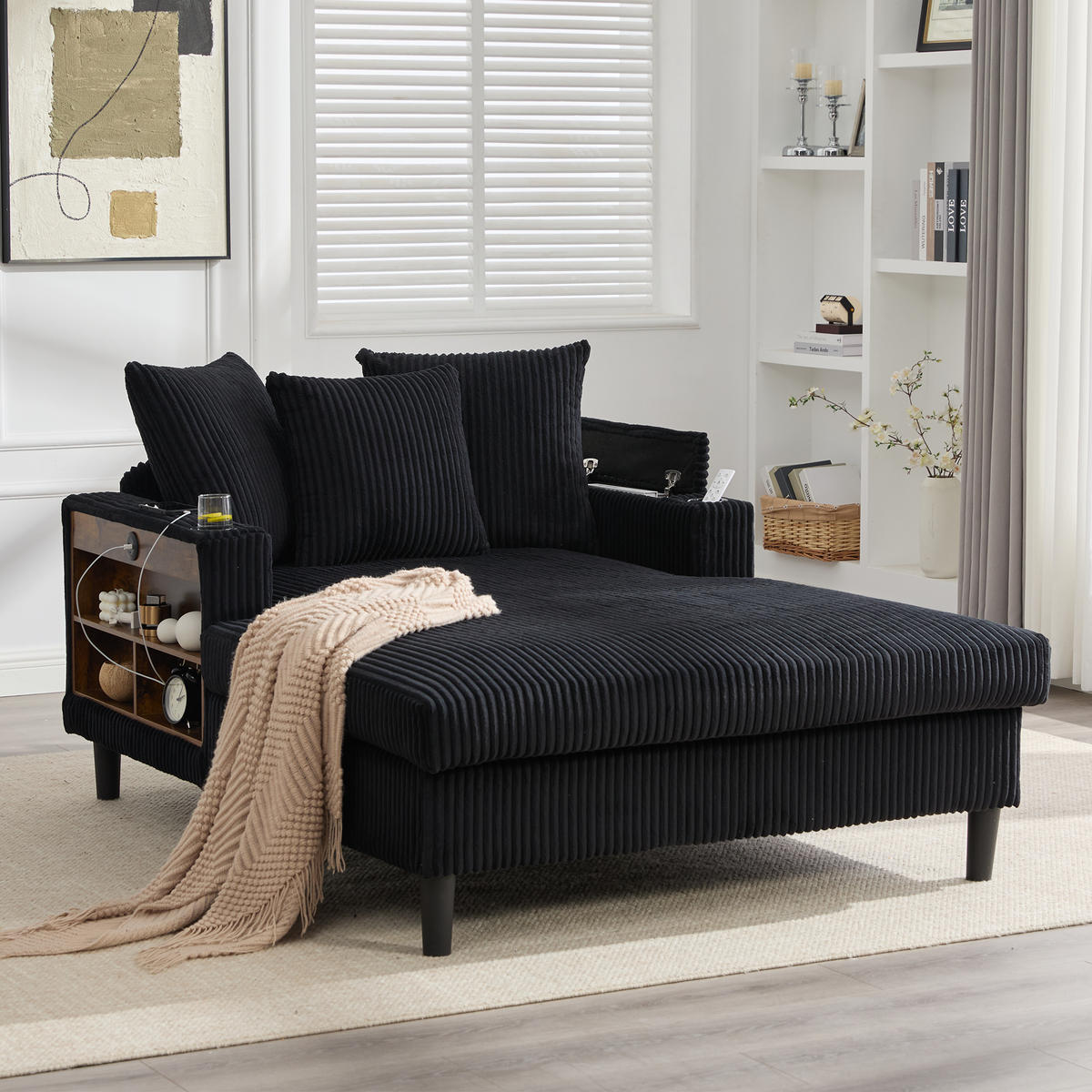 CHAISELONGUE Cord Schwarz mit LED, Stauraum, USB, Becherhaltern und Kissen - Schwarz, Kunststoff/Textil (129/70/170cm) - WISHDOR