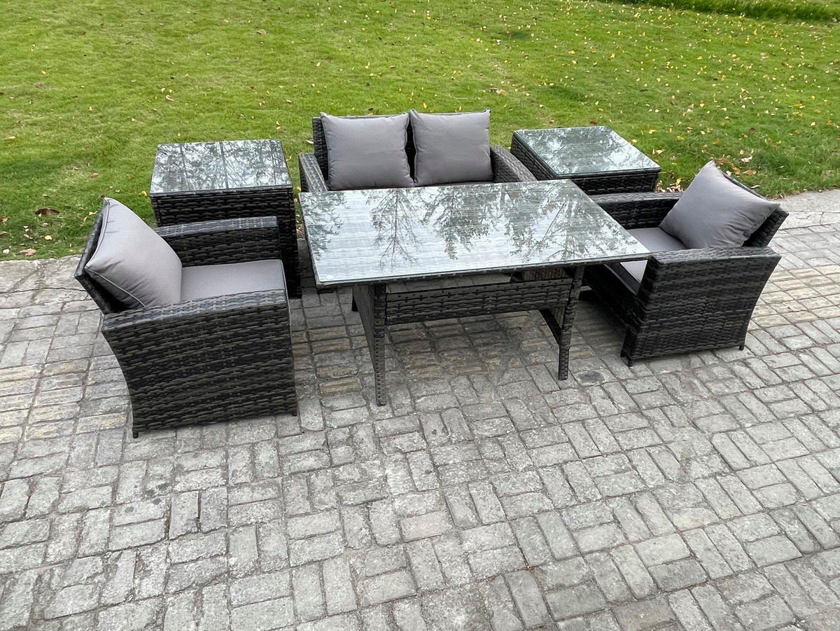 GARTENMÖBELSET mit 2 Sesseln,Zweisitzer,Esstisch,2 Beistelltischen Polyrattan Dunkelgrau 4-Sitzer - Dunkelgrau/Grau, Glas/Kunststoff - Fimous