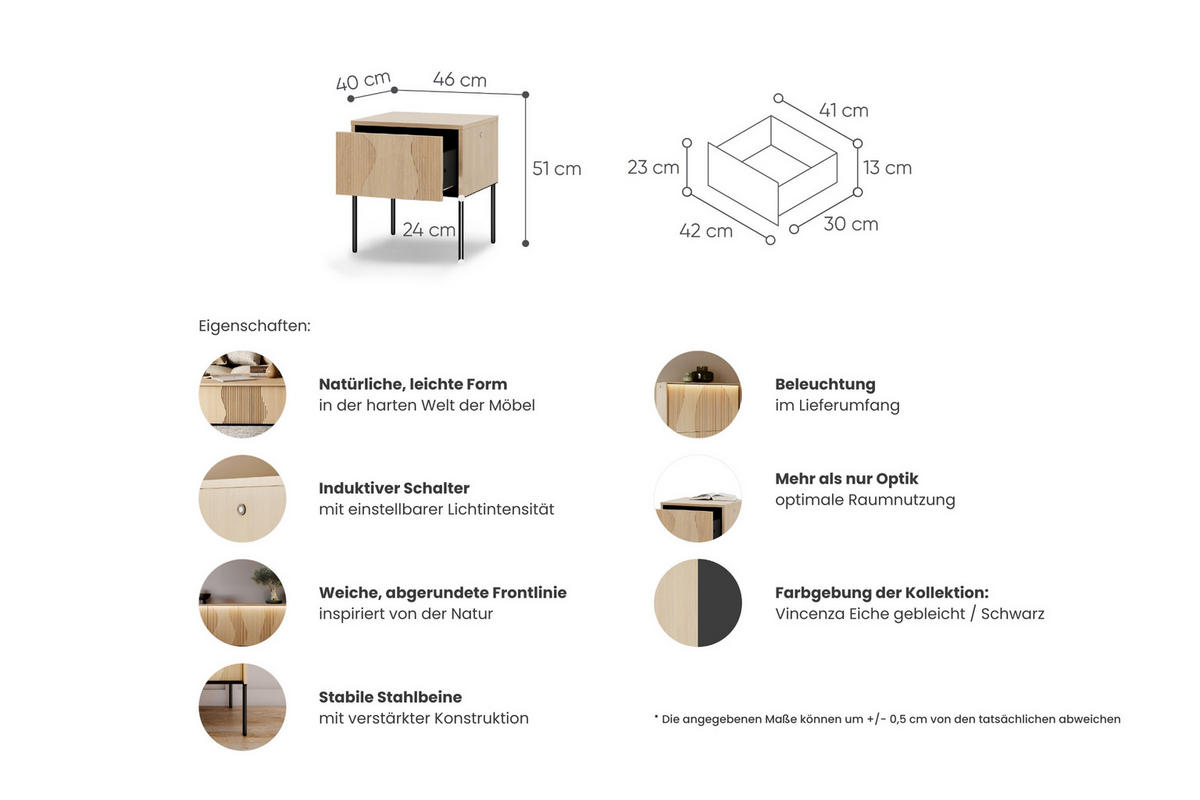 NACHTTISCH FAVOS 07 46/51/40 cm in Eiche Vincenza hell und Schwarz mit LED - Eichefarben/Schwarz, Holzwerkstoff (46/40/51cm) - Deine Möbel 24