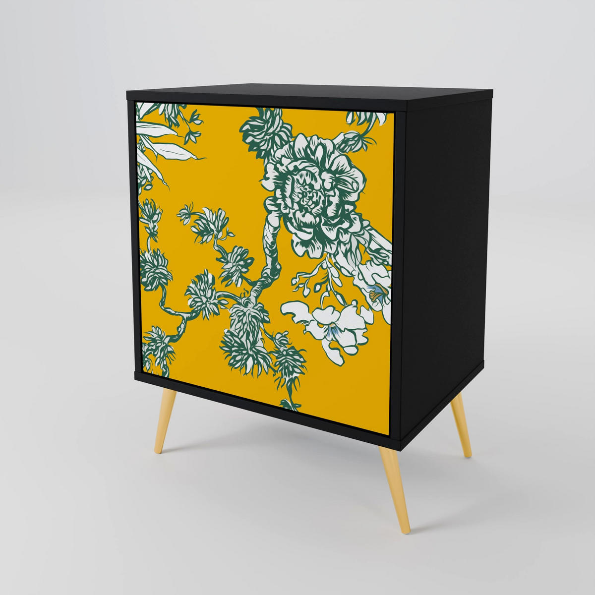 SIDEBOARD YELLOW CHINOISERIE, Schwarz, 57,5x42x67,5 cm, Schwarze Metall-Rahmenfüße - Multicolor/Schwarz, Holzwerkstoff/Metall (57.5/67.5/42cm) - SpaceRebels