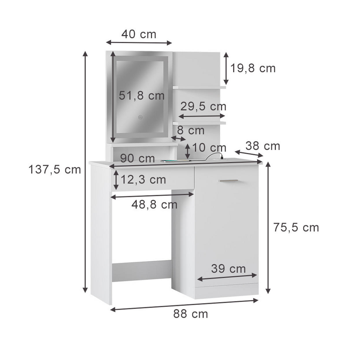 SCHMINKTISCH Julia Weiß 90 cm mit LED-Spiegel und QI-Ladestation - Weiß, Holzwerkstoff (90/137.5/38cm) - Vicco