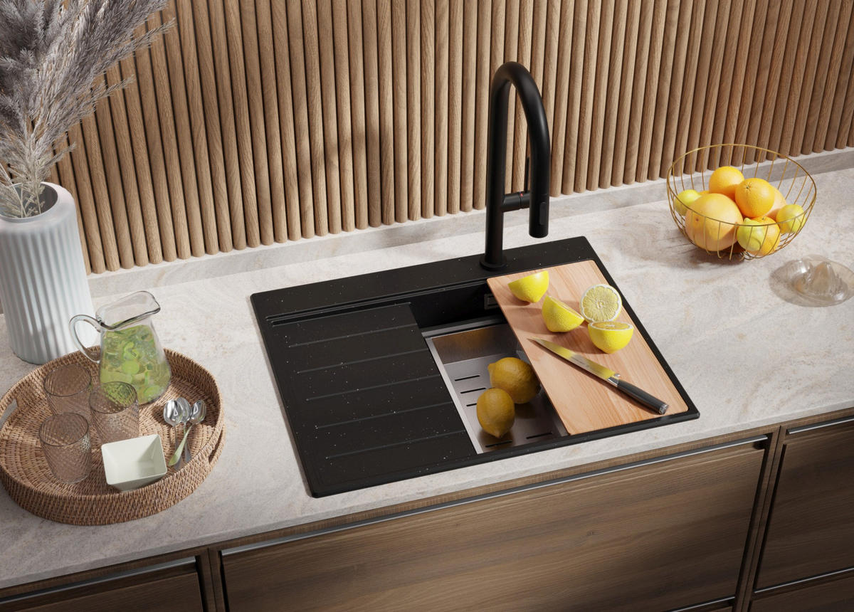 SPÜLBECKEN Sydney, 2-er set Schwarz Metallic 62/50 cm 1 Becken + Ablauf-Set + Küchenzubehörset ab 40er Unterschrank - Chromfarben/Schwarz Hochglanz, Kunststoff (62/20/50cm) - Primagran