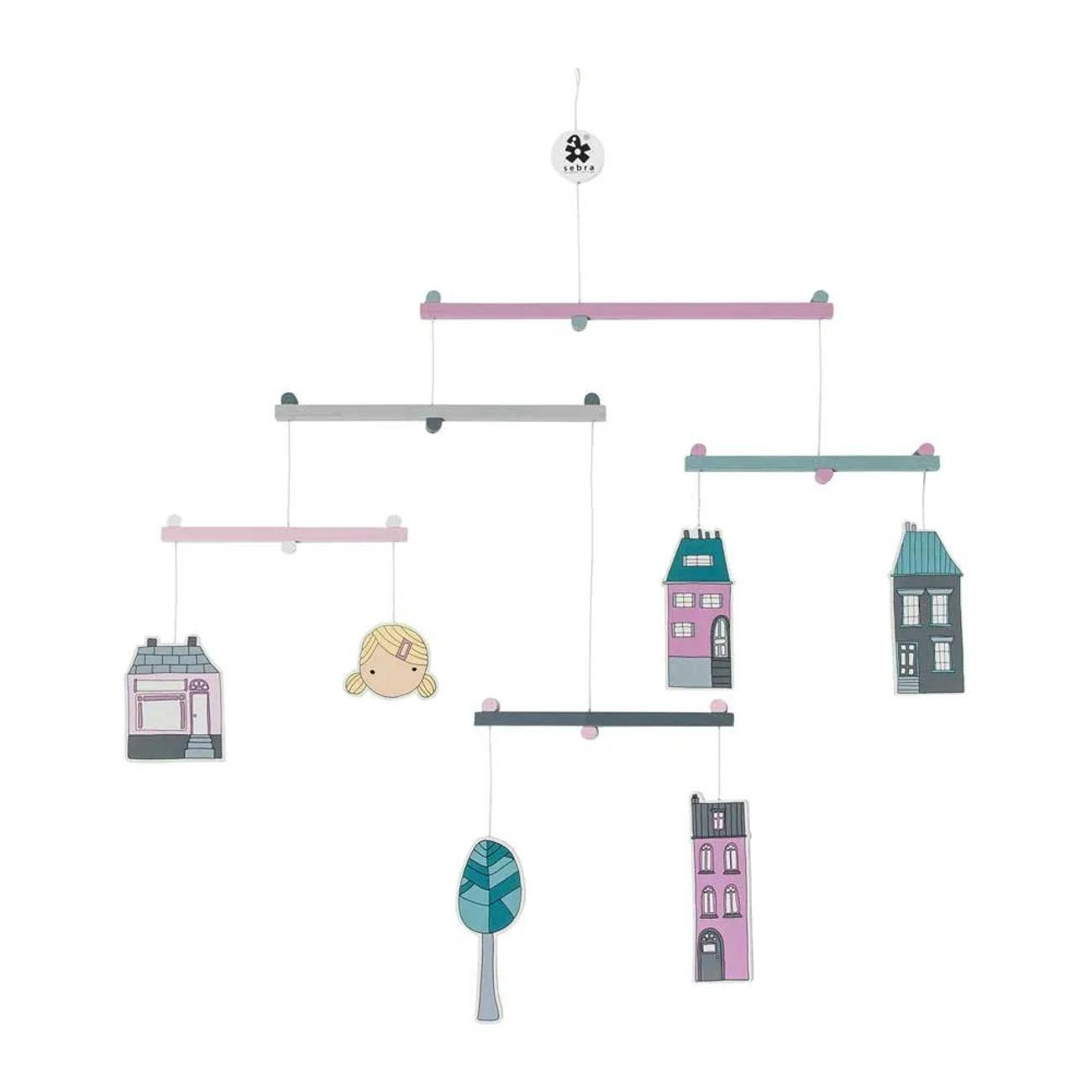 BABYMOBILES Holz, Stadt-Design, Rosa - Pink, Holz (17/24/10cm) - Sebra