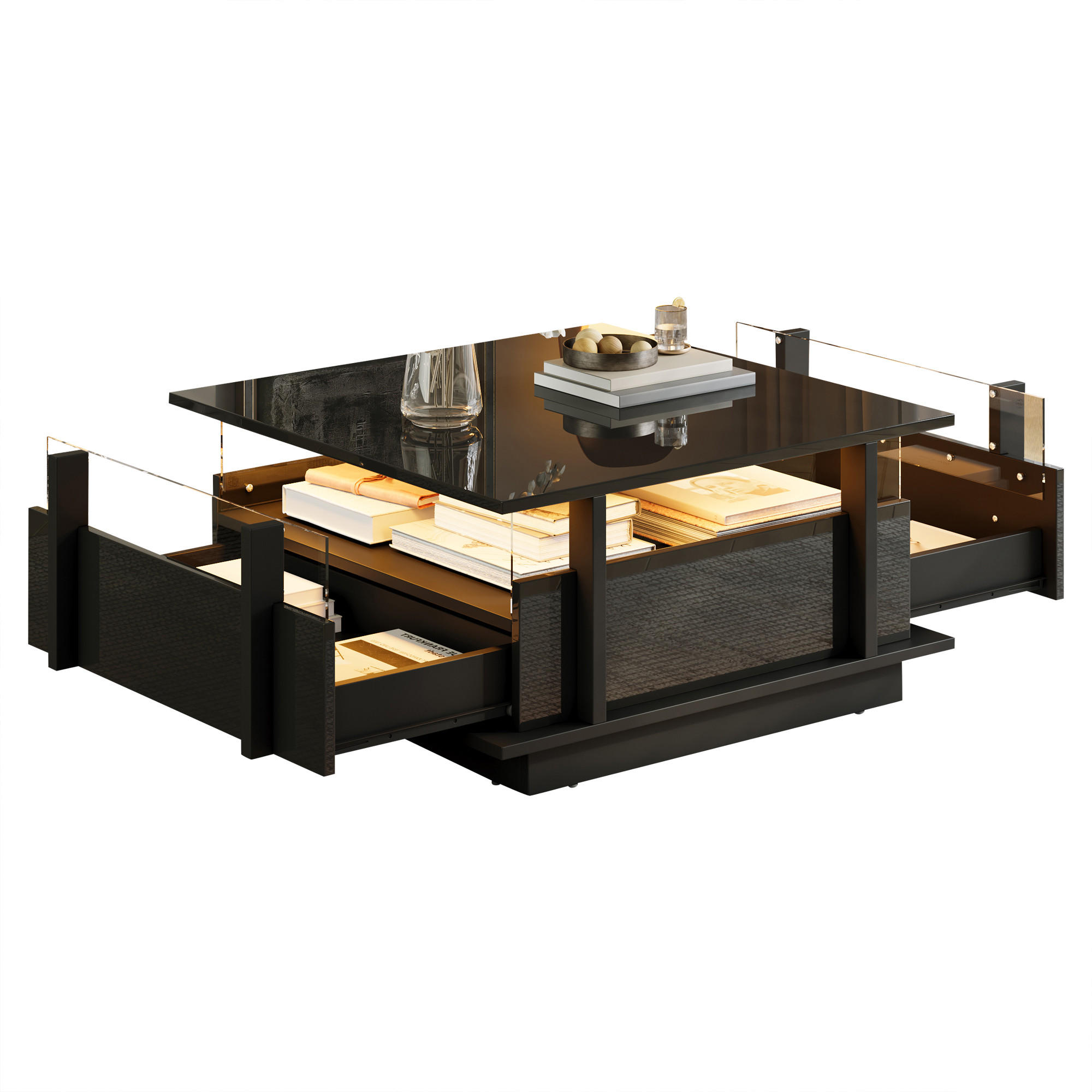 COUCHTISCH mit LED-Beleuchtung und 2 Schubladen Hochglanz Schwarz - Schwarz, Holzwerkstoff/Metall (70/70/35cm) - EVRYAE