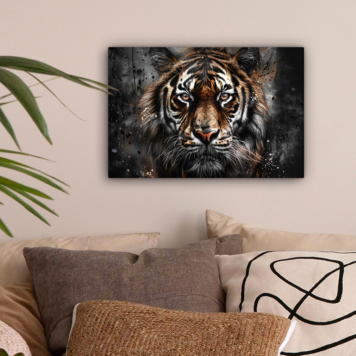 LEINWANDBILD Tiger - Tiere - Porträt - Luxus - Schwarz 30x20 cm - Anthrazit, Textil (30/20cm) - MuchoWow