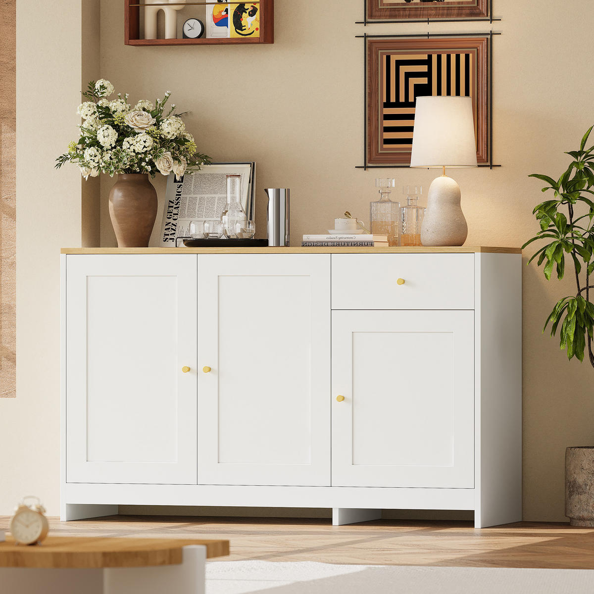 SIDEBOARD 120/40/75 cm mit 3 Türen & Schublade in Weiß und Natur - Weiß, Holzwerkstoff (120/75/40cm) - BEAOK