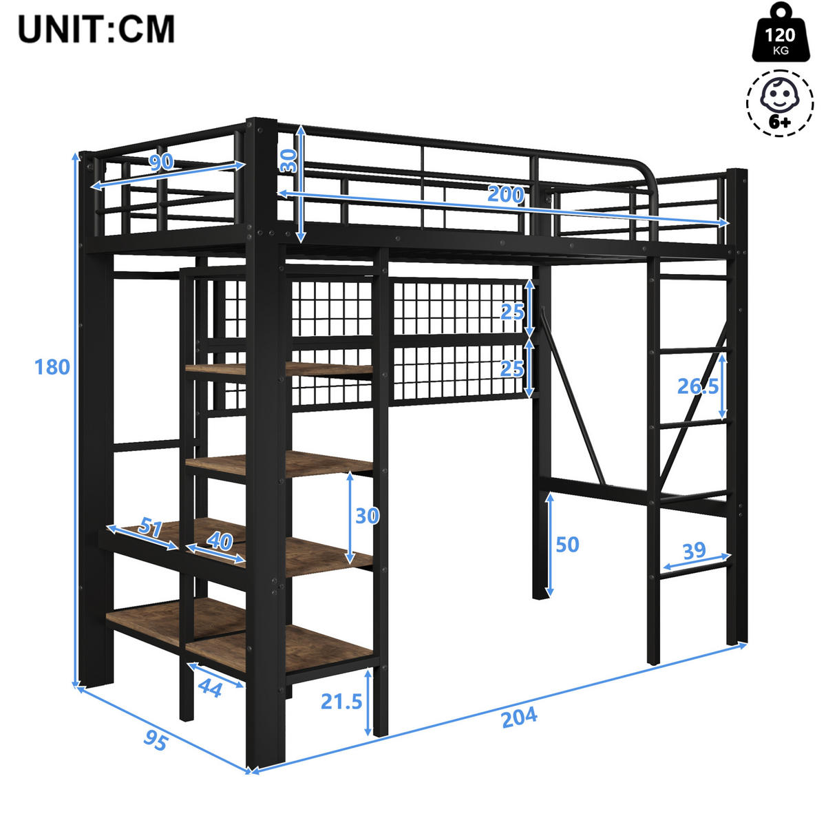 HOCHBETT aus Metall 90x200 cm in Schwarz mit LED-Lichtleiste & Ablagefach - Schwarz, Metall (90/200cm) - Modfu