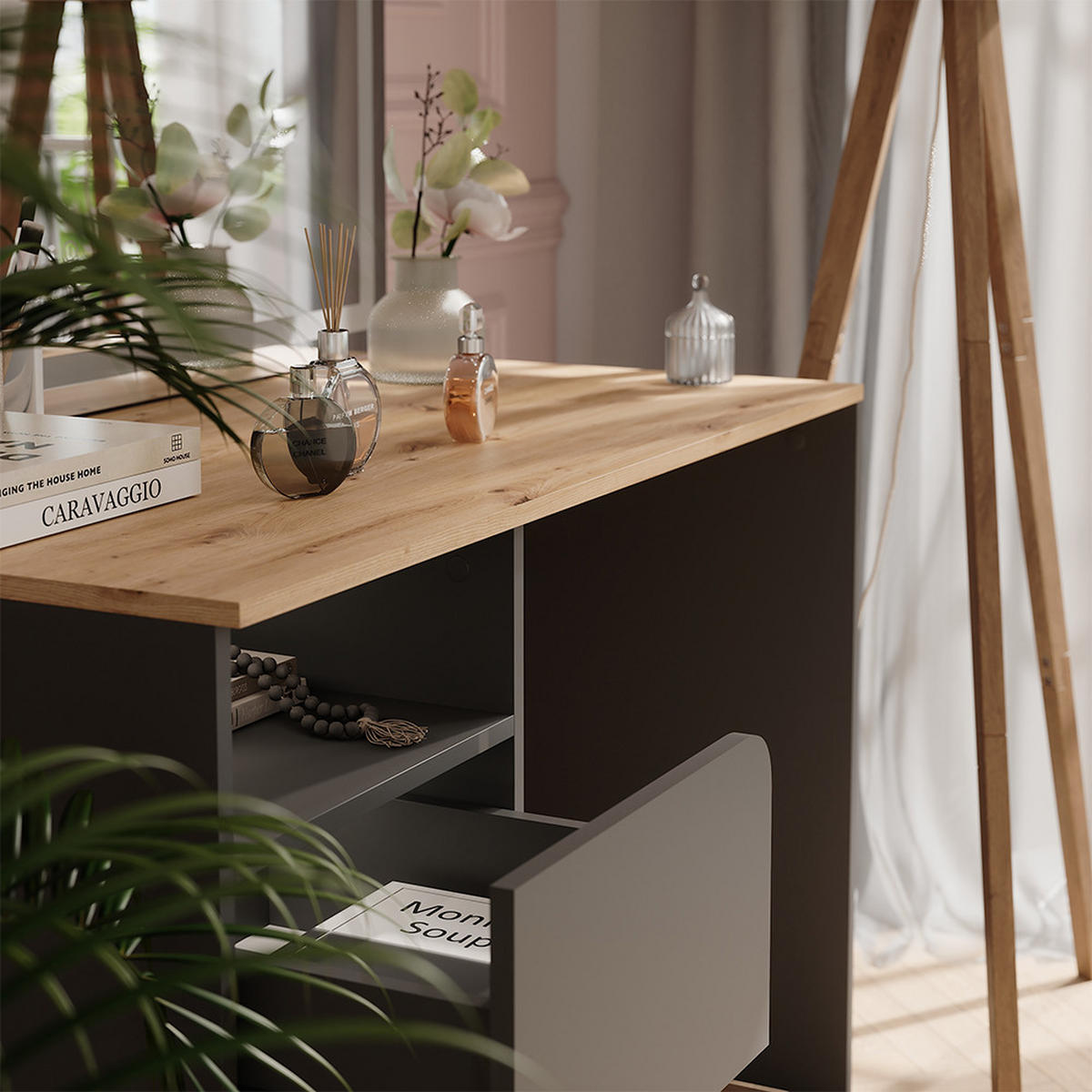 SCHMINKTISCH Karen Anthrazit/Artisan 110 cm mit LED-Spiegel - Anthrazit/Eiche Artisan, Holzwerkstoff (110/75/55cm) - Vicco