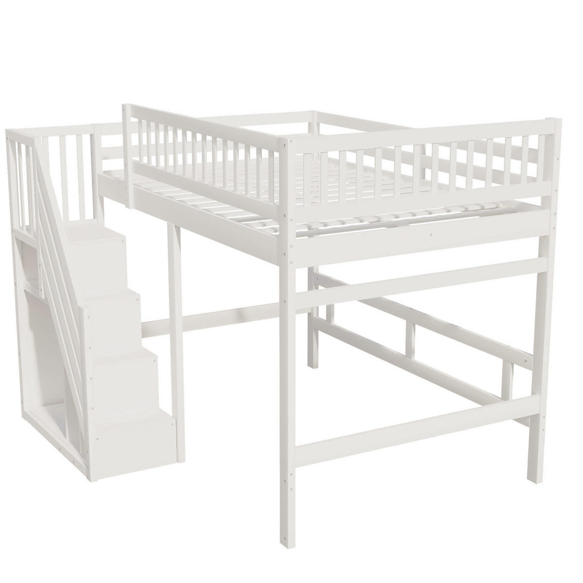 HOCHBETT 140/200 cm weiß aus Holz mit Stauraumtreppe - Weiß, Holzwerkstoff (140/200cm) - OKWISH