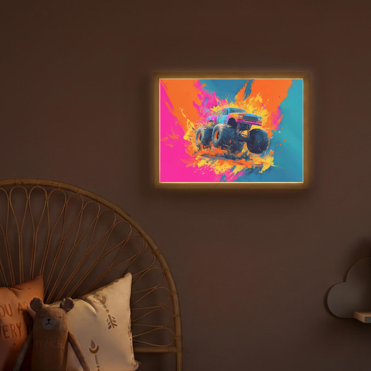 NÁSTĚNNÁ LAMPA S AKUMULÁTOREM Monster truck - Abstraktní - Stříkající barva - Barevné 40x30 cm - růžová, kompozitní dřevo (40/30/8cm) - OnlyWow