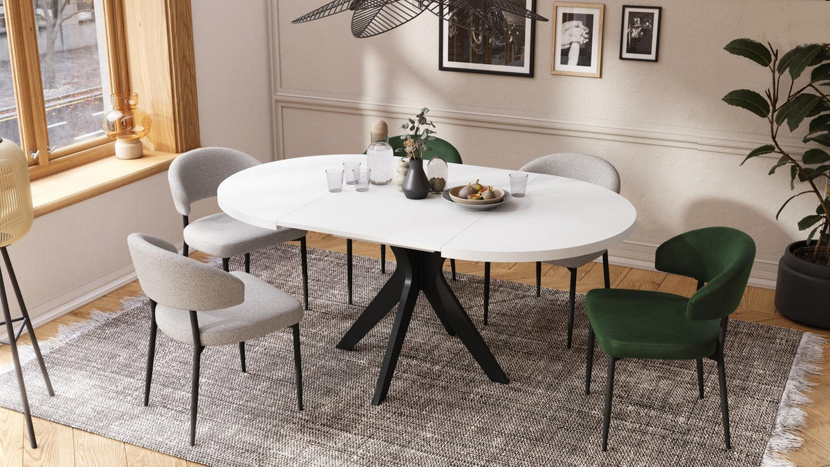 ESSTISCH rund Weiß matt - Schwarz matt ausziehbar - Schwarz/Weiß, Holzwerkstoff (110/110/77cm) - designimpex