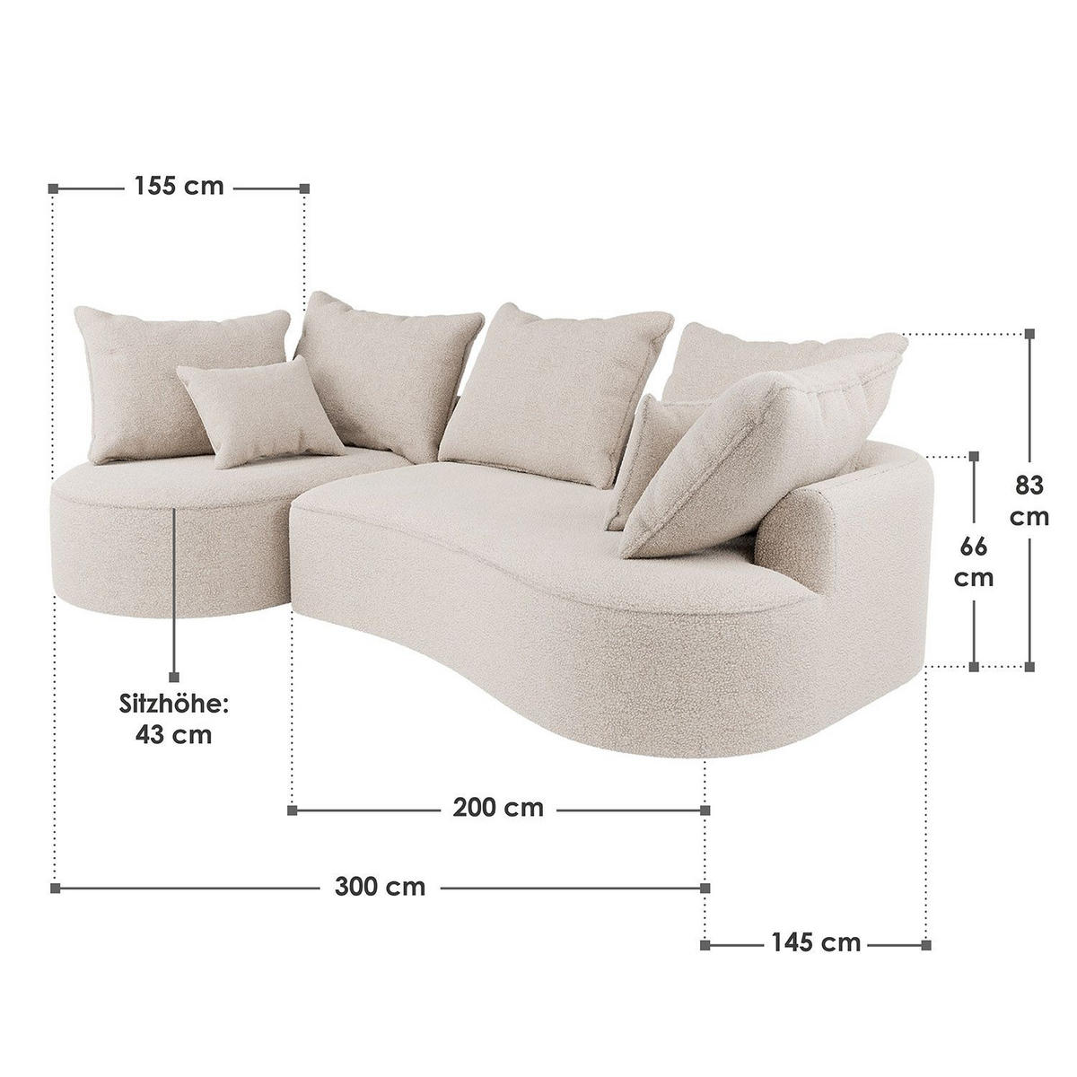 SOFA Tirano Bouclé Creme mit Ottomane links - Creme, Textil (102/300cm) - Juskys