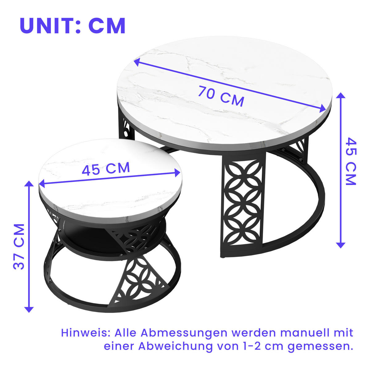 COUCHTISCH Moderner Satztisch 70/70/45 cm + 45/45/37 cm mit Marmor Furnier - Weiß, Holzwerkstoff (70/70/45cm) - OKWISH